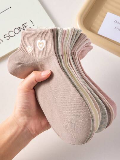 5双装女士可爱泰迪熊图案短袜，白色或粉色可选，休闲舒适隐形袜，学院风学生袜，颜色随机，适合日常穿着和外出，四季皆宜。