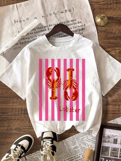 Women's Casual Lobster Graphic Print Round Neck Short Sleeve T-Shirt, Summer White