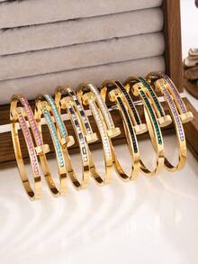 1 Pc Soft And Bright Colored Pattern Stacked Bracelet: Multi-Color Inlaid + Northern Dream Style | Layered Details On The Wrist, Lightweight And Luxurious, Eye-Catching | Suitable For Pairing With Lightweight And Mature Outfits, Easily Exuding A Luxurious Aura - Yellow Gold - View 1