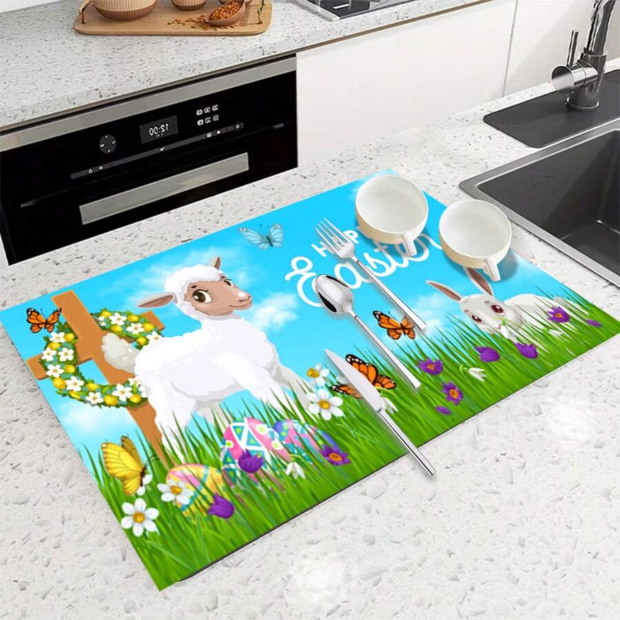 1 pezzo Tappetino assorbente multifunzione con motivo pasquale di agnello e coniglio, in poliestere, adatto per cucina, tavolo da pranzo, asciugatura piatti, lavatrice e macchina da caffè, bagno, accessori da cucina, articoli per feste - Multicolore - Visualizzare 1