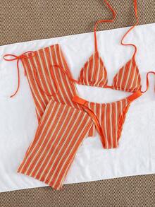 Bộ bikini dệt kim kẻ sọc gợi cảm 3 món - Áo tam giác + Quần cạp thấp + Quần ống rộng có dây điều chỉnh | Đồ bơi đi biển phong cách retro cho kỳ nghỉ hè - trái cam - Xem 3