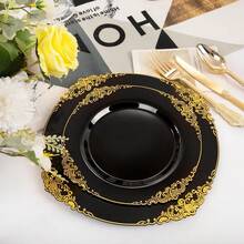 102PCS Black And Gold Plastic Plates - Black Disposable Plates - Heavyweight Disposable Plate With Gold Rim - Fancy Dinner & Dessert Plate For 51 Guests Weddings & Party - 黑色 - 查看 3