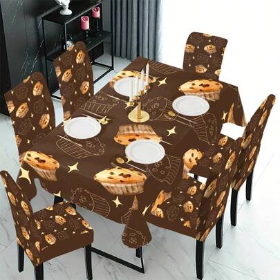 1/4/5/6/7/36pcs Fashionable & Minimalist Paper Cupcake, Waffle Patterned Tablecloth/Chair Cover Set With Glitter Star Texture Print, Suitable For Indoor Home, Restaurant, Hotel, Ideal For Modern Daily Decor. Tablecloth Fits Square Dining Table, Elastic Chair Covers Are Washable.