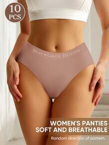 MEIYATING 10pcs/Pack Women's Low Waist Seamless Panties, Heart & Stripe Pattern, English Waistband, Comfortable Soft Texture, Fashionable Everyday Wear Triangle Underwear - Multicolor - View 4