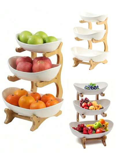 1 stuk 3-laags witte fruitschaal met houten standaard, groente- en fruitmand voor in de keuken, alternatief voor een ijsblokjesbakje in de koelkast