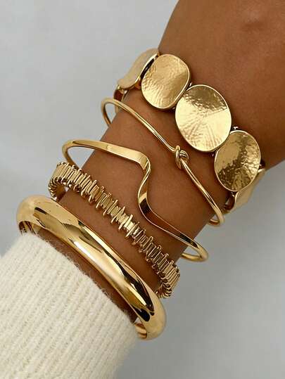 5pcs Vintage Exaggerated Luxury Geometric Design Wide Metal Gold Bangle Set, Suitable For Everyday Wear And Gifting