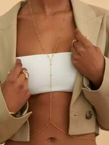 1pc Beaded Criss-Cross Body Chain, Sexy Fashion Versatile Personalized Party Holiday Daily Wear Gift (Handmade, 1-3cm Tolerance) - Golden Beads - View 1