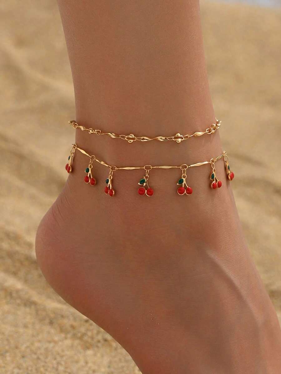 2pcs/Set Cute Enamel Cherry Tassel Anklet, Sweet & Fashionable Women Foot Jewelry Suitable For Daily Outfit, Beach, Date, Party Wear. Handmade Chain Can Be Cut To Desired Length - Multicolor - View 1