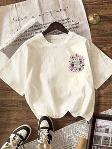 Women's Casual Floral & Slogan Print T-Shirt, Summer - Light Apricot - View 3