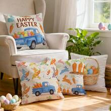 4pcs Easter Themed Pastoral Rabbit, Egg, Carrot, Small Car Illustration Cushion Cover, Single-Sided Printed Pillow Case, Suitable For Living Room, Bedroom, Home Decor, All Seasons - Pillow Insert Not Included - Multicolor 03 - View 11
