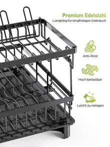 2Layer Double Layer Heavy-Duty Metal Bowl Rack With Drainage Board, Cutlery Rack, And Cup Hook | Space Saving Countertop Bowl Rack, Adjustable Plates, Pots, Pans, And Sturdy Kitchen Storage Rack - Black - View 9