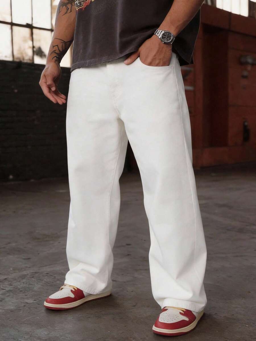 Men's White Loose Fit Casual Straight Leg Jeans, Versatile Minimalist Style Suitable For All Seasons - White - View 1