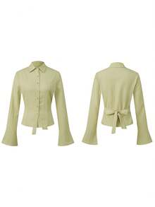 Women's Textured Fall Shirts Fashionable Solid Color Long Sleeve Tie Up Back Button Down Blouse - Light Green - View 3