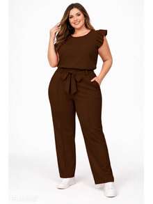 Elegant Plus Size Social Set In Dune Crepe, Casual Style With Drawstring Pockets, For Office Or Home. - Rust Brown - View 1