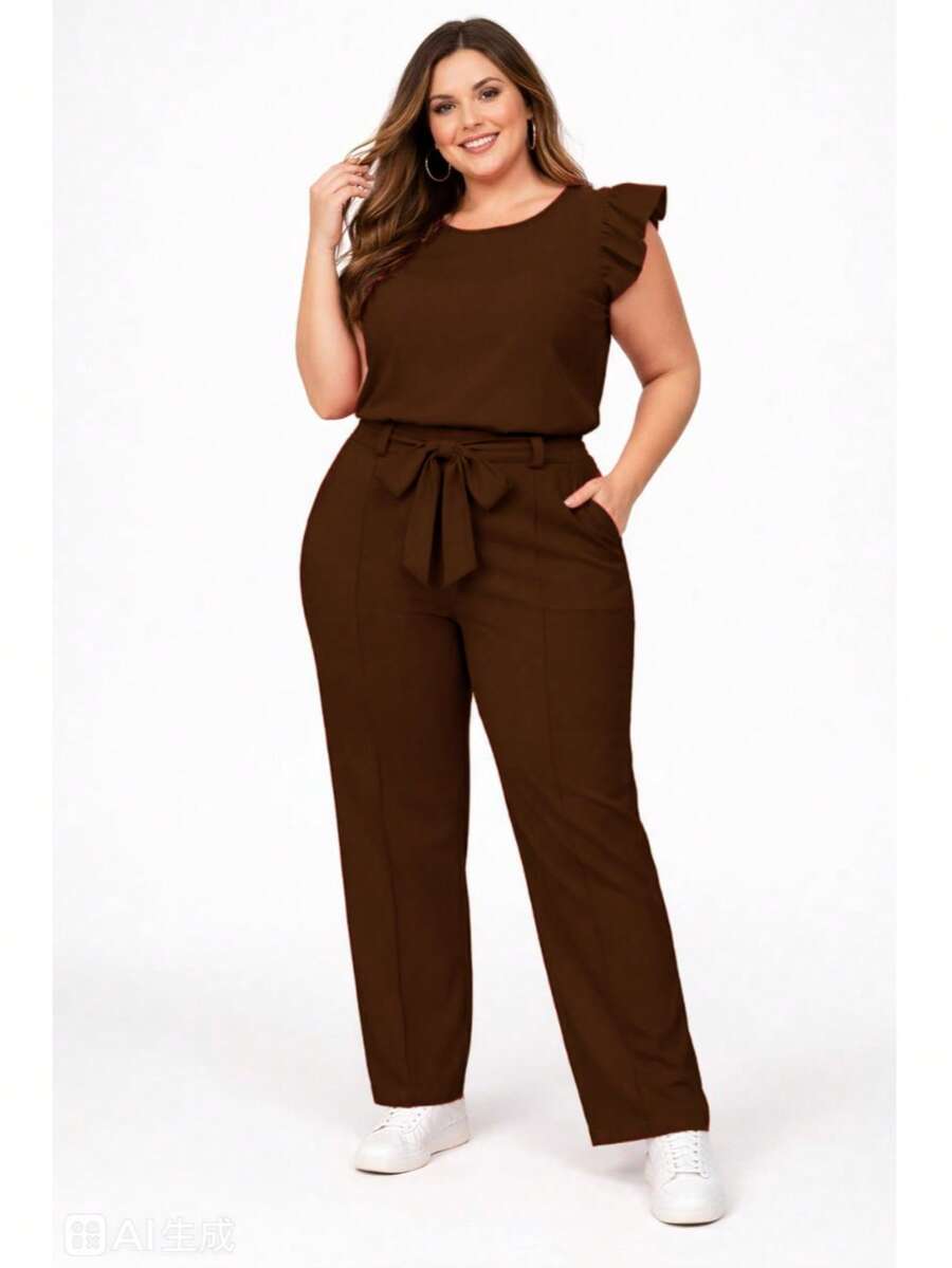 Elegant Plus Size Social Set In Dune Crepe, Casual Style With Drawstring Pockets, For Office Or Home. - Rust Brown - View 1