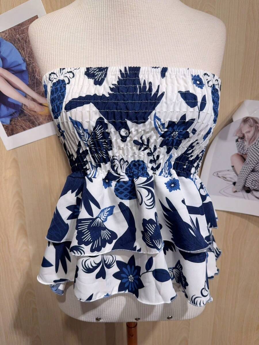 Printed Cropped Top With Elastic And Ruffle Detail. - Navy Blue - View 1