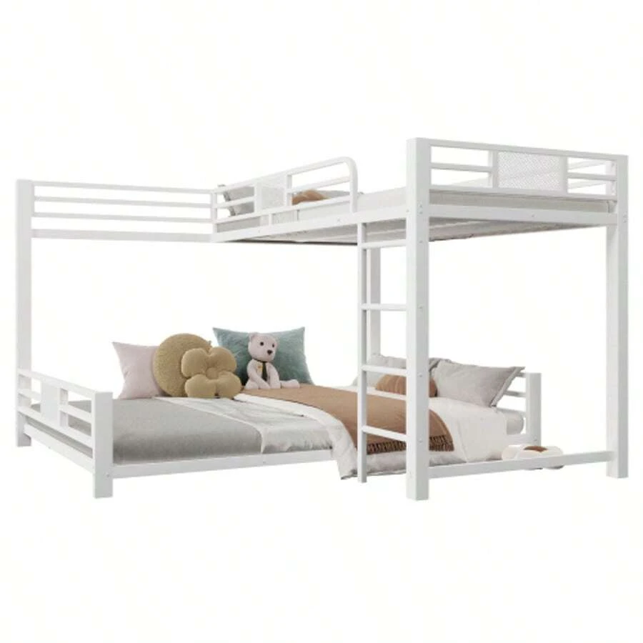 L-Shaped Metal Bunk Bed, Dimensions 90 X 200 Cm And 140 X 200 Cm, White - White - View 1