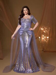 Robe Mgiacy grande taille pour femmes avec manches de sirène en sequins violets et décorations de perles, élégante pour les dames en été, mariage, bal, fête, vacances et festivals de printemps - Prune - Voir 4