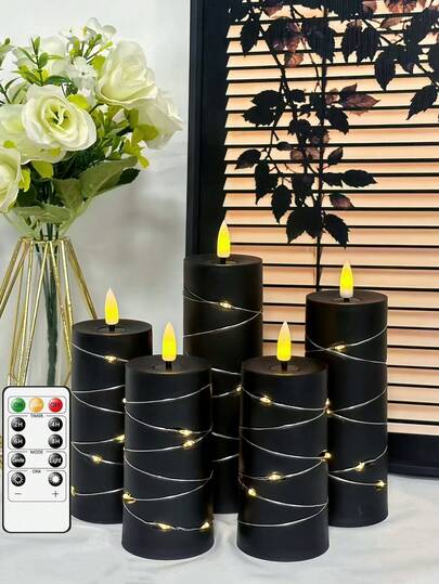 无焰LED蜡烛，带定时器，闪烁逼真，营造浪漫氛围，适合家居装饰、情人节、斋月，内置串灯，电池供电（黑色）