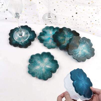 1件硅胶树脂模具，树脂托盘模具和杯垫模具，用于树脂浇铸，花形环氧树脂浇铸模具，适用于DIY、家居装饰、餐桌酒托盘