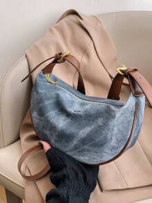 حقيبة جلدية للنساء على شكل كعكة, حقيبة كتف جلد اصطناعي بلون أحادي, قابلة للتعديل للتنقل اليومي - الأزرق - مشاهدة 8