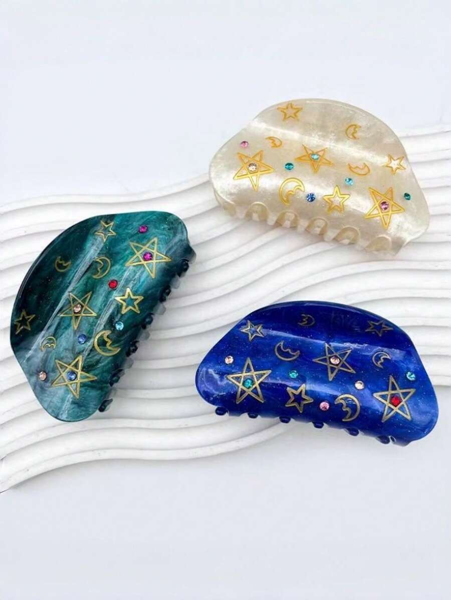 1pc Ramadan Star & Moon Print Acetate Hair Claw Clip, Elegant Shark Tooth Shaped Hair Accessory - Multicolor - View 1