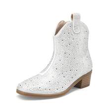Girls Cowgirl Cowboy Rhinestone Boots Ankle Low Heel Dress Booties - Đen và trắng - Xem 3