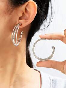 1 Pair Fashion Multi-Layer Hoop Earrings With Rhinestone Inlay, Suitable For Women's Daily Wear - Silver - View 1
