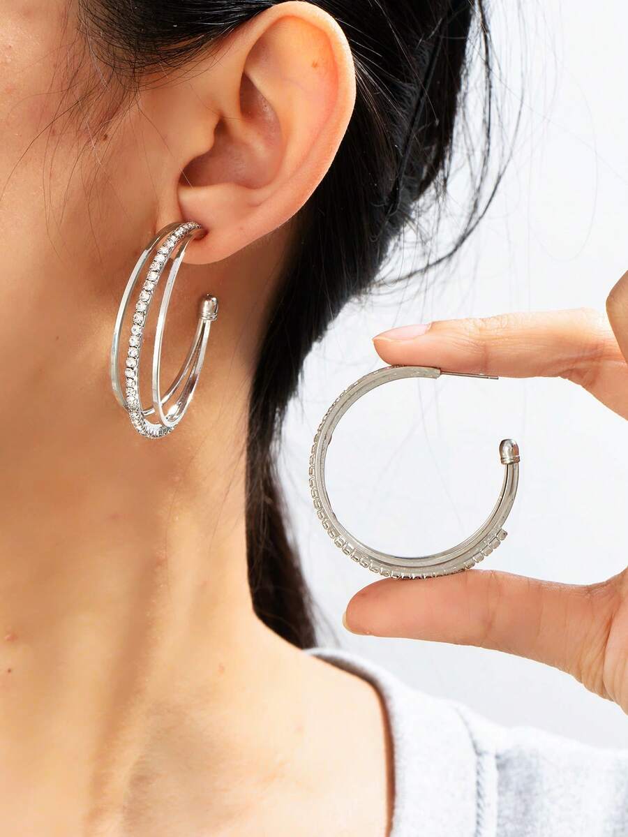 1 Pair Fashion Multi-Layer Hoop Earrings With Rhinestone Inlay, Suitable For Women's Daily Wear - Silver - View 1