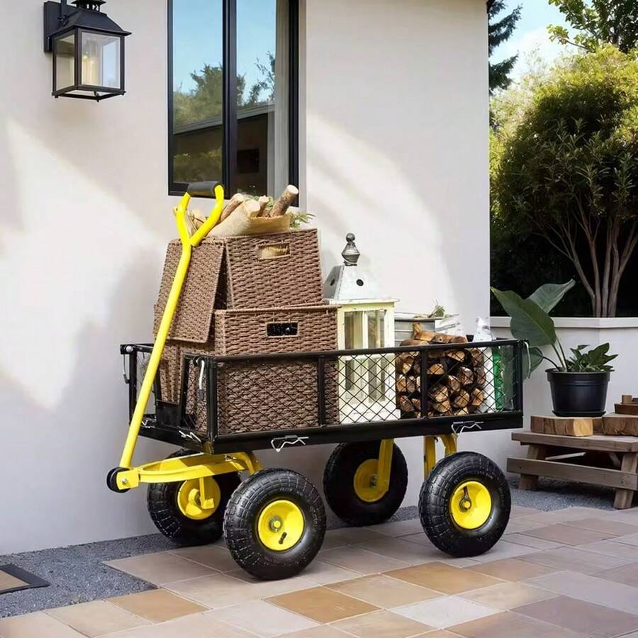 1pc Carro de Jardín Plegable con Capacidad de 249.48KG - Plataforma Metálica para Todo Terreno con Ruedas, Marco de Acero Recubierto en Polvo y Detalles Amarillos, Ideal para Jardinaje, Trabajo en el Patio, Equipo de Jardinería, Ruedas Resistentes, Construcción Duradera, Profesional para Paisajistas