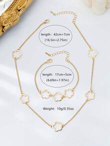2pcs/Set Popular European & American Style Minimalist Long Clover & Hollow Flower Necklace & Bracelet Set - Yellow Gold - View 4