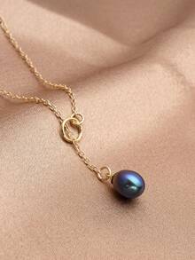 1 pieza Collar en forma de Y chapado en oro de 18K con perla natural, regalo para el Día de la Madre, San Valentín, cumpleaños, boda, novia - Negro - Ver 2
