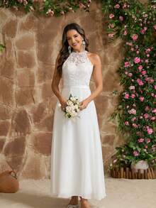 YUMIBRAVO Romantic Lace Wedding Dress, Off-Shoulder Bridal Gown, Hollow-Out Wedding Dress, Ladies White Dress, Ladies Long Evening Gown, Ladies Formal Elegant Prom Dress, Ladies Formal Elegant Summer Wedding Party Dress Spring - White - View 7