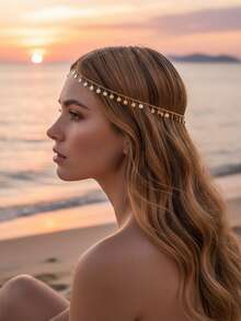 imoli 1pc Simple Alloy Disk & Tassel Detail Chain Headband For Women, Party Gift, Bride To Be, Hair Accessories For Women - Gold - View 4
