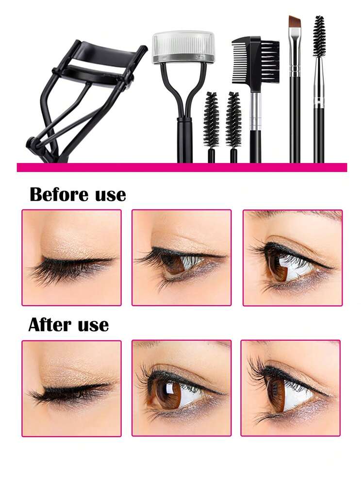 16pcs Fashion Eyelash Curler & Eyebrow Beauty Tool Set, Including 1 Black Eyelash Curler, 3 Eyelash Brushes, 1 Eyelash Comb, 1 Eyebrow Brush, 10 Replacement Pads, Stainless Steel Eyelash Curler With Wide Mouth Design For Long-Lasting Curl - Black - View 6