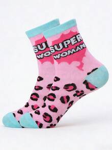 3 Pairs Women's Leopard Print, Heart & Letter Pattern Fashion Versatile Mid-Calf Socks - Multicolor - View 6