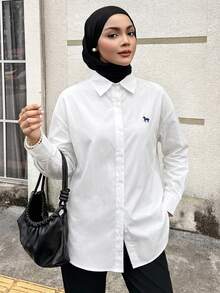 Livesso Women's Autumn Horse Pattern Drop Shoulder Long Sleeve Single Breasted Casual Loose Shirt,Fall Women Clothes - White - View 2