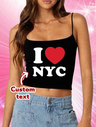 Customized Y2K Cropped Camisole Top, Personalized Y2K Style Camisole With Custom Text, "I Love New York" Customized Text, Suitable For Family Gatherings, Friend Groups, Weddings, Mother's Day, Father's Day, Birthdays, Best Friend Gifts, Anniversary Gifts, Valentine's Day Gifts, Comfortable Casual Wear, Suitable For Outdoor Activities