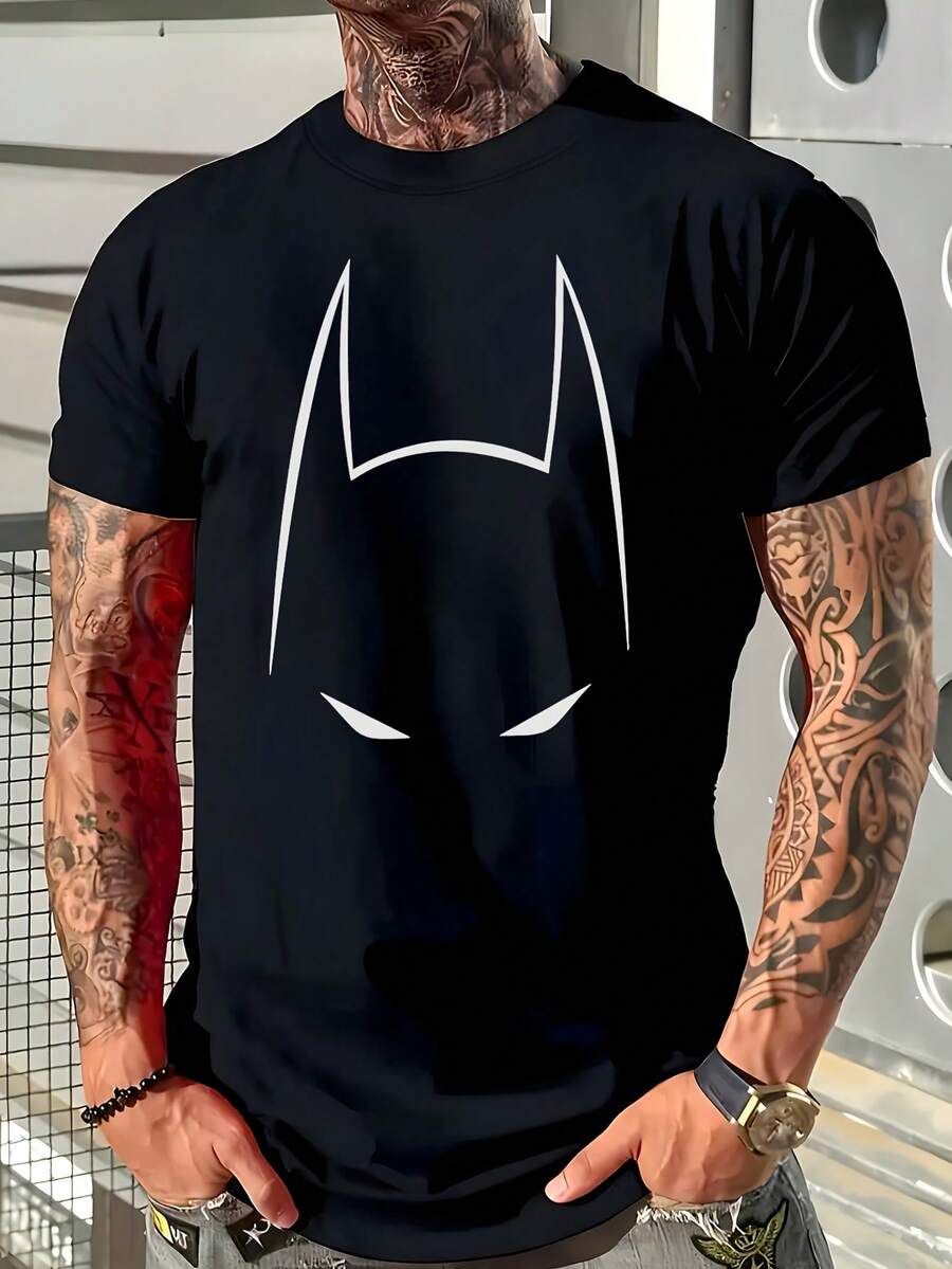 Warner Bros Camiseta de Batman: cuello redondo, con logotipo de murciélago, adecuada para deportes, fiestas y ropa informal. - Negro - Ver 1