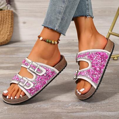 2026新款闪亮跨境欧美珍珠水钻加大码软木露趾厚底拖鞋