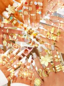14pcs/2 Sets Fashion Minimalist Elegant Vintage Asymmetrical Geometric Liquid Thick Chunky Statement Cocktail Rings Set, Gift For Holiday Beach Party Date Everyday Wear - Nhiều màu - Xem 3