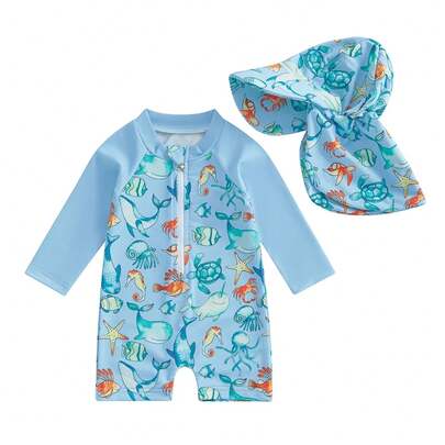 Traje de baño de manga larga para niño pequeño con estampado de tiburones, media cremallera, sin pilling, traje de baño con protección sarpullidos, conjunto de sombrero para el sol F16I