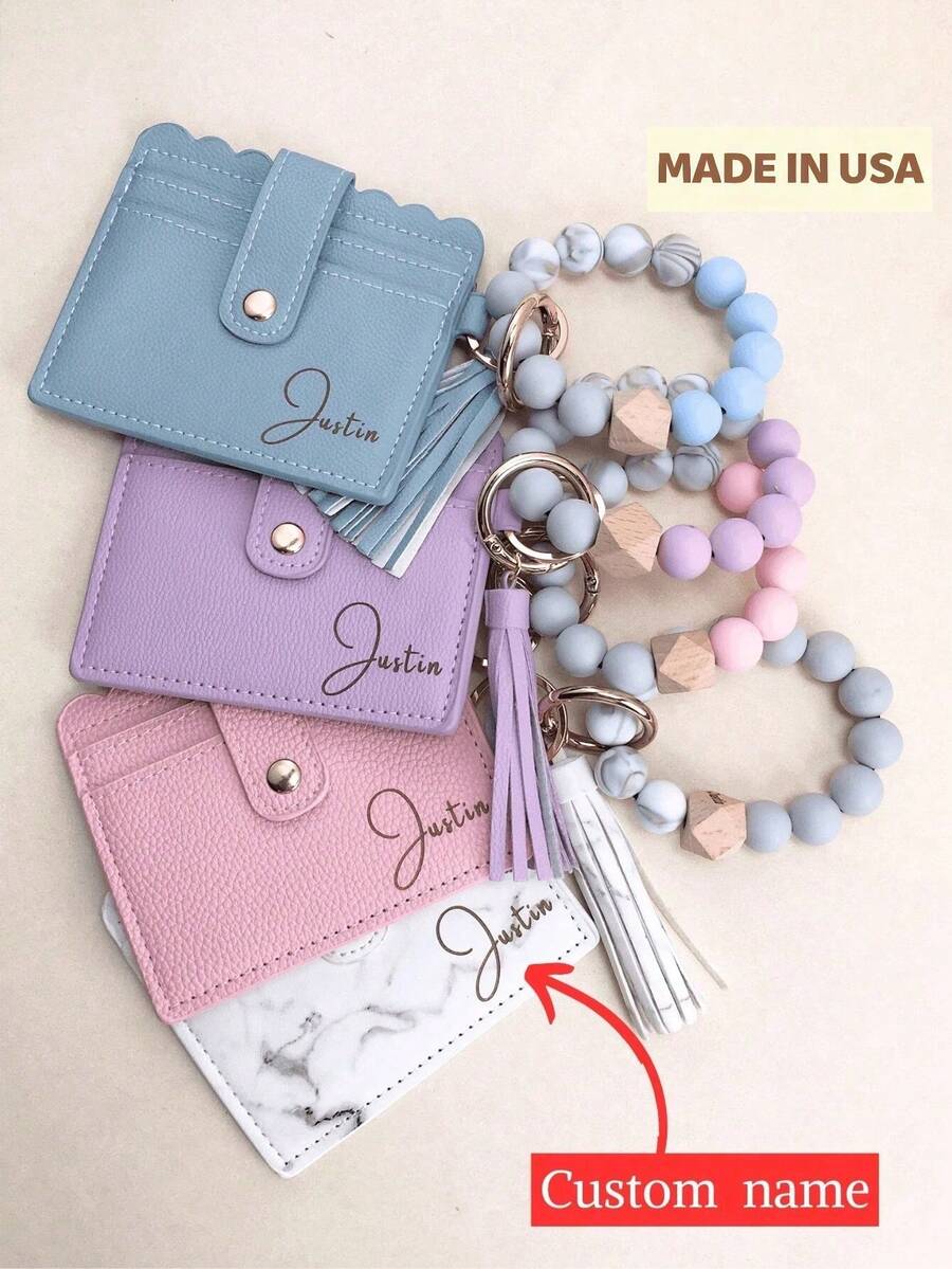 1pc Women's Wallet Keychain Wristband, Christmas Gifts For Girlfriends/Friends/Mothers/Daughters,Personalized Custom Christmas Gifts,Customized Name, Ultra-Thin Credit Card Holder Wallet Tassel Keychain Bracelet Keyring, Unisex - 彩色 - 查看 1
