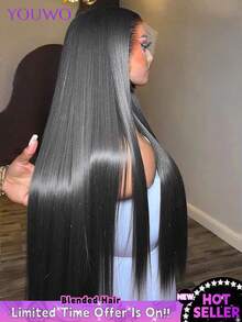 200 Density 13x4 Transparent HD Lace Frontal Wigs Human Brazilian Hair 34Inch Natural Black Long Straight Hand Weaves Blended Human Hair Pre Plucked Hairline & Pre-Bleached Invisible Knots Suitable For To Wear On Daily Or Holiday Occasions Wig - Natural & Black - View 2