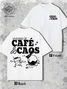"A Chaotic Life With Coffee" – Casual Men's Printed T-Shirt, Crew Neck, Short Sleeves, 100% Cotton, Fun Graphic Print, Casual Street Style, Outdoor Sports Shirt, Comfortable To Wear In Summer, Machine Washable - 白色 - 查看 3