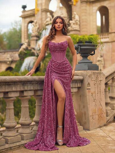 ADYCE 亮片无肩带美人鱼露背高开衩正式礼服，适合鸡尾酒会、晚宴、婚礼宾客、正式场合、毕业典礼、约会之夜和情人节等场合。