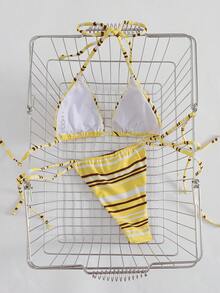 女士性感简约青春两件式泳衣套装，条纹印花挂脖系带比基尼，适合海滩、度假、约会，春夏新品 - 黃色 - 查看 2