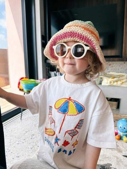 1 pieza Camiseta de manga corta y cuello redondo con estampado casual para niñas, ropa de verano para niños - ¡Una camiseta adorable que trae alegría y felicidad a cada niño!