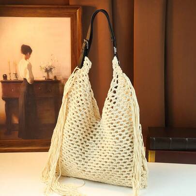 2026 New Vintage Tassel Handbag For Women, Handmade Hollow Woven Beach Bag, Large Capacity Shoulder Tote Bag, Suitable For Vacation & Beach