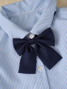 女童条纹连衣裙，大童泡泡袖翻领中长连衣裙，藏蓝色领结，假日套装，夏季服装，旅行装 - 藍色 - 查看 5